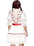 Annabelle doll, costume dress, lace trim, ruffles, sash